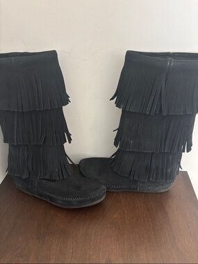 Minnetonka Black Triple Fringe Suede Boots